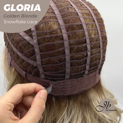 JBEXTENSION 14 Inches Curly Golden Blonde Wig with Bangs Pre-Cut Arc Snowflake Lace Frontlace Glueless Wig GLORIA GOLDEN BLONDE【BENDY EAR TABS】