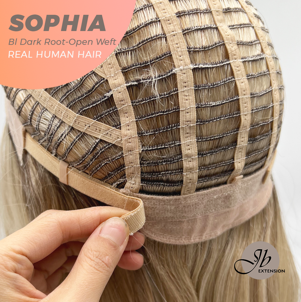 JBEXTENSION 12 Inches Blonde with Dark Root Pre-Cut Free Part Frontlace Glueless Real Human Hair Wig SOPHIA BLONDE WITH DARK ROOT - Open Weft【BENDY EAR TABS】