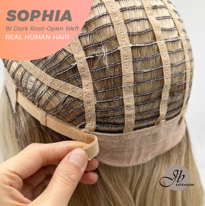 JBEXTENSION 12 Inches Blonde with Dark Root Pre-Cut Free Part Frontlace Glueless Real Human Hair Wig SOPHIA BLONDE WITH DARK ROOT - Open Weft【BENDY EAR TABS】