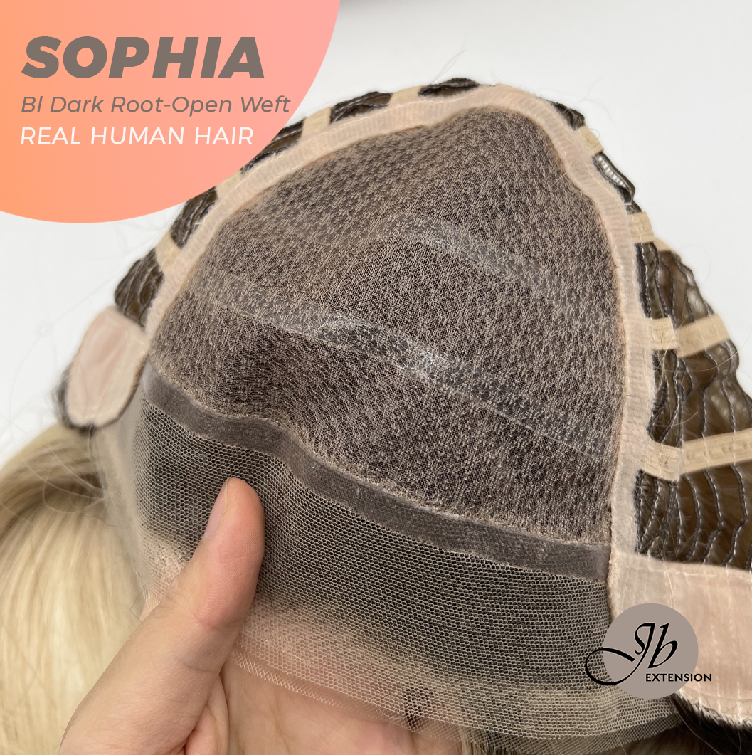 JBEXTENSION 12 Inches Blonde with Dark Root Pre-Cut Free Part Frontlace Glueless Real Human Hair Wig SOPHIA BLONDE WITH DARK ROOT - Open Weft【BENDY EAR TABS】