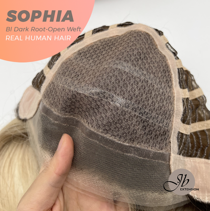 JBEXTENSION 12 Inches Blonde with Dark Root Pre-Cut Free Part Frontlace Glueless Real Human Hair Wig SOPHIA BLONDE WITH DARK ROOT - Open Weft【BENDY EAR TABS】