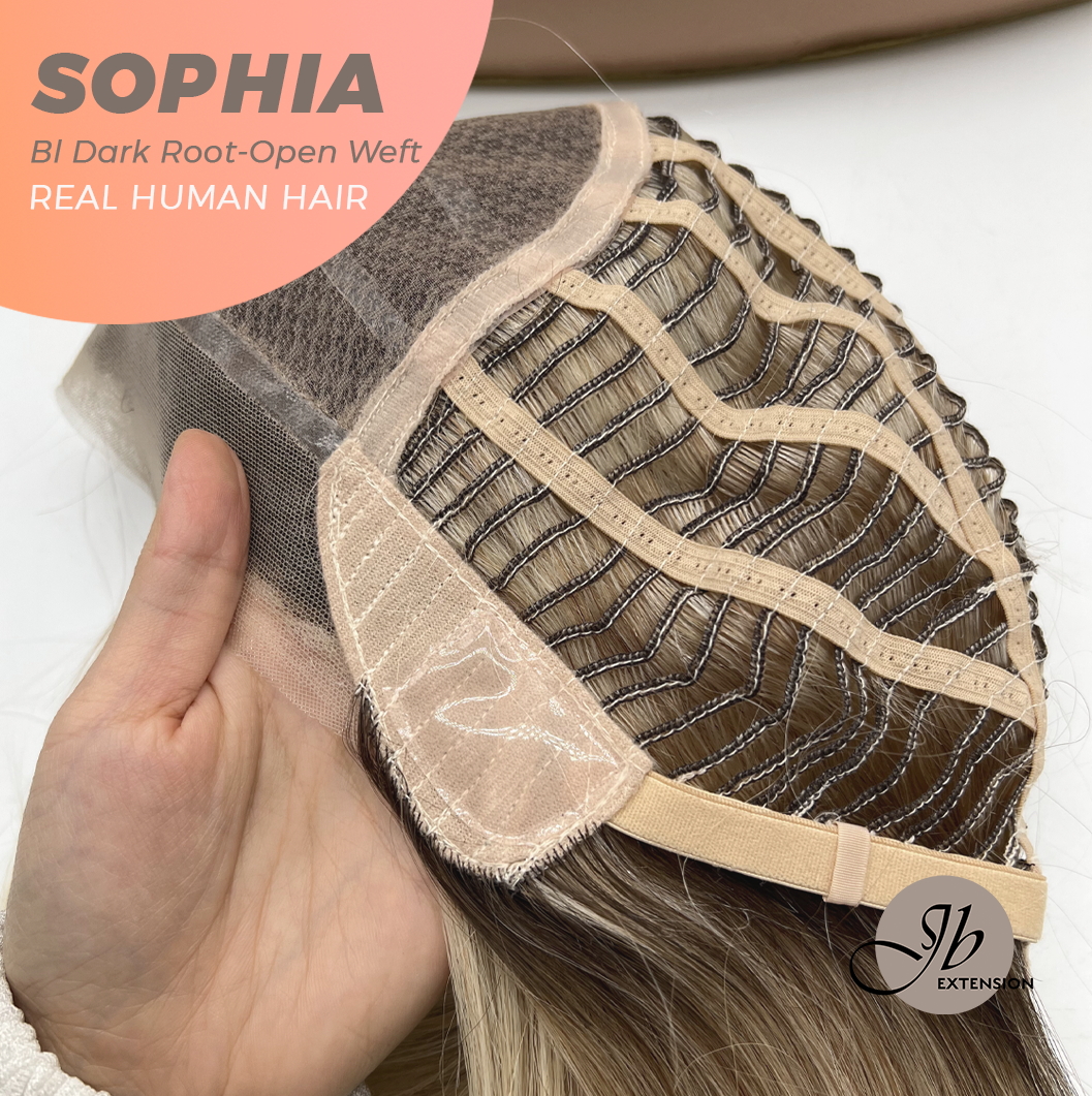 JBEXTENSION 12 Inches Blonde with Dark Root Pre-Cut Free Part Frontlace Glueless Real Human Hair Wig SOPHIA BLONDE WITH DARK ROOT - Open Weft【BENDY EAR TABS】
