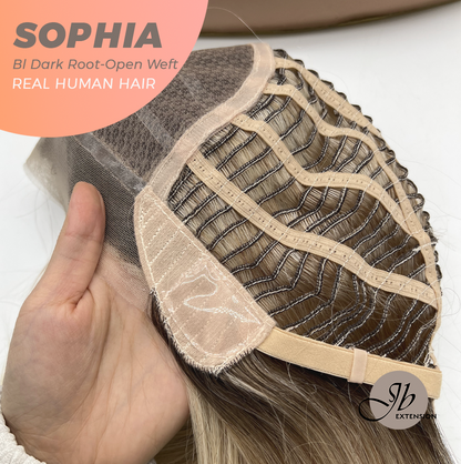 JBEXTENSION 12 Inches Blonde with Dark Root Pre-Cut Free Part Frontlace Glueless Real Human Hair Wig SOPHIA BLONDE WITH DARK ROOT - Open Weft【BENDY EAR TABS】