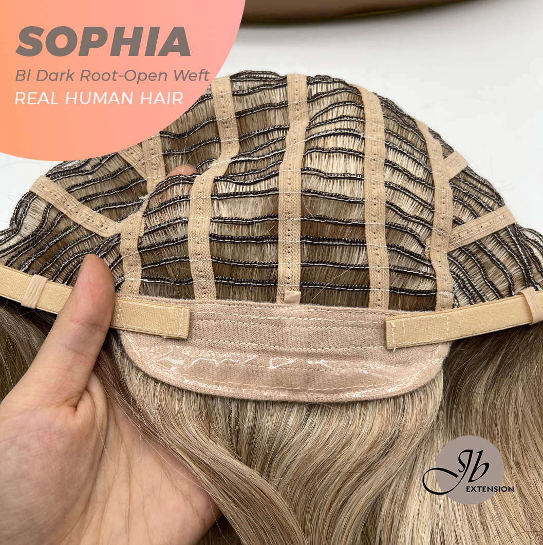 JBEXTENSION 12 Inches Blonde with Dark Root Pre-Cut Free Part Frontlace Glueless Real Human Hair Wig SOPHIA BLONDE WITH DARK ROOT - Open Weft【BENDY EAR TABS】
