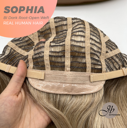 JBEXTENSION 12 Inches Blonde with Dark Root Pre-Cut Free Part Frontlace Glueless Real Human Hair Wig SOPHIA BLONDE WITH DARK ROOT - Open Weft【BENDY EAR TABS】