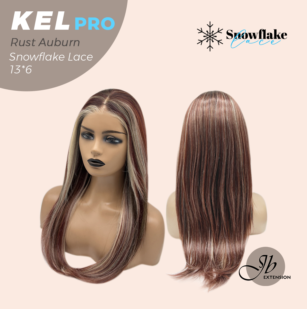 JBEXTENSION 22 Inches Rust Auburn Pre-Cut 13X6 Free Part Snowflake Lace Frontlace Glueless Wig KEL PRO - RUST AUBURN【BENDY EAR TABS】