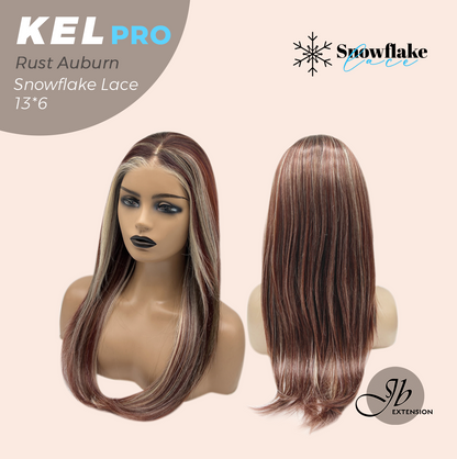 JBEXTENSION 22 Inches Rust Auburn Pre-Cut 13X6 Free Part Snowflake Lace Frontlace Glueless Wig KEL PRO - RUST AUBURN【BENDY EAR TABS】