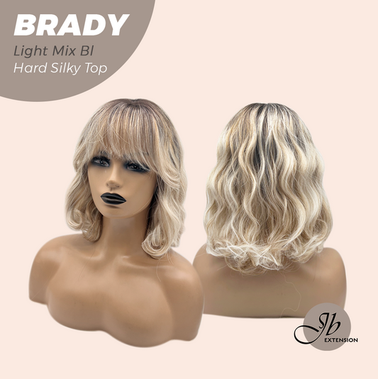 JBEXTENSION 12 Inches Scalpiana Wave Light Mix Blonde 3.5X4 Hard Silky Top Natural Scalp Effect Wig with Bangs BRADY LIGHT MIX BLONDE