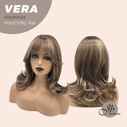 JBEXTENSION 17 Inches Scalpiana Curly Hazelnut 3.5X4 Hard Silky Top Natural Scalp Effect Wig with Bangs VERA CAMEL HAZELNUT