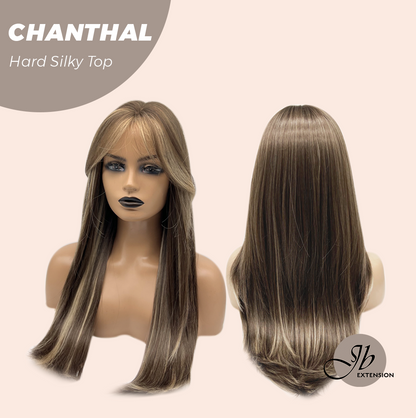 [FINAL SALE] JBEXTENSION 25 Inches Scalpiana Brown with Blonde Highlight 3.5X4 Hard Silky Top Natural Scalp Effect Wig With Bangs CHANTHAL