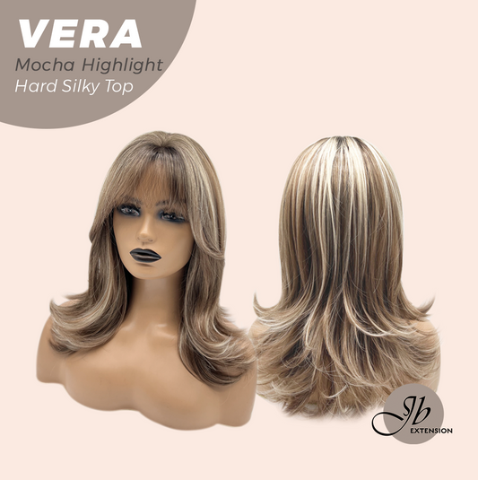 JBEXTENSION 17 Inches Scalpiana Curly Mocha Highlight 3.5X4 Hard Silky Top Natural Scalp Effect Wig with Bangs VERA MOCHA HIGHLIGHT