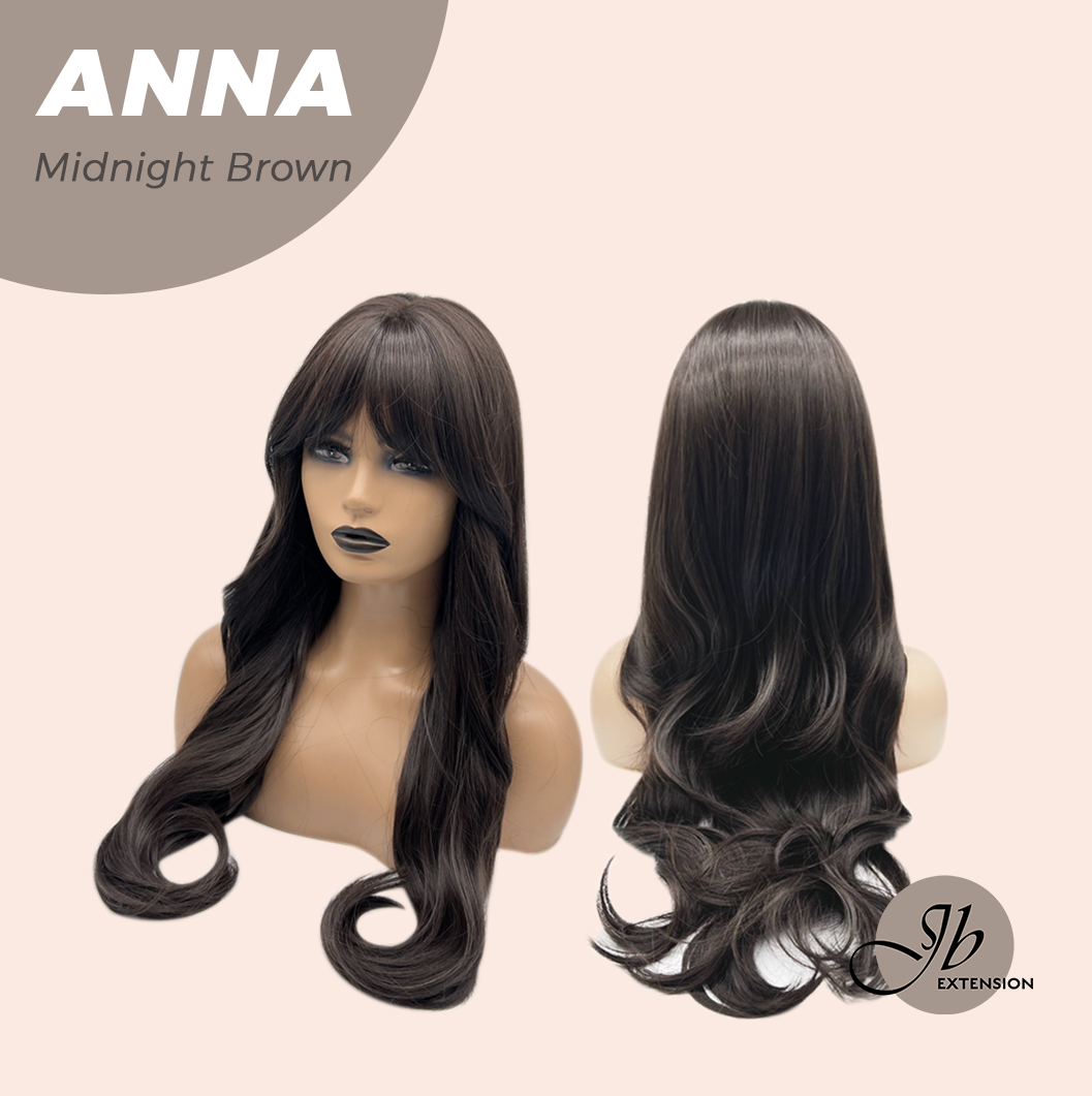 JBEXTENSION 28 Inches Long Curly Midnight Brown(Black/Brown) Wig with Bangs ANNA MIDNIGHT BROWN
