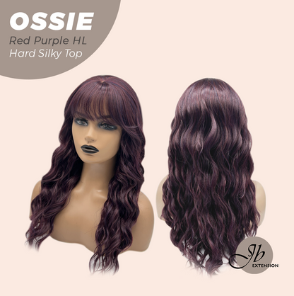 JBEXTENSION 22 Inches Scalpiana Long Wave Red Purple Highlight 3.5X4 Hard Silky Top Natural Scalp Effect Wig with Bangs OSSIE RED PURPLE HIGHLIGHT