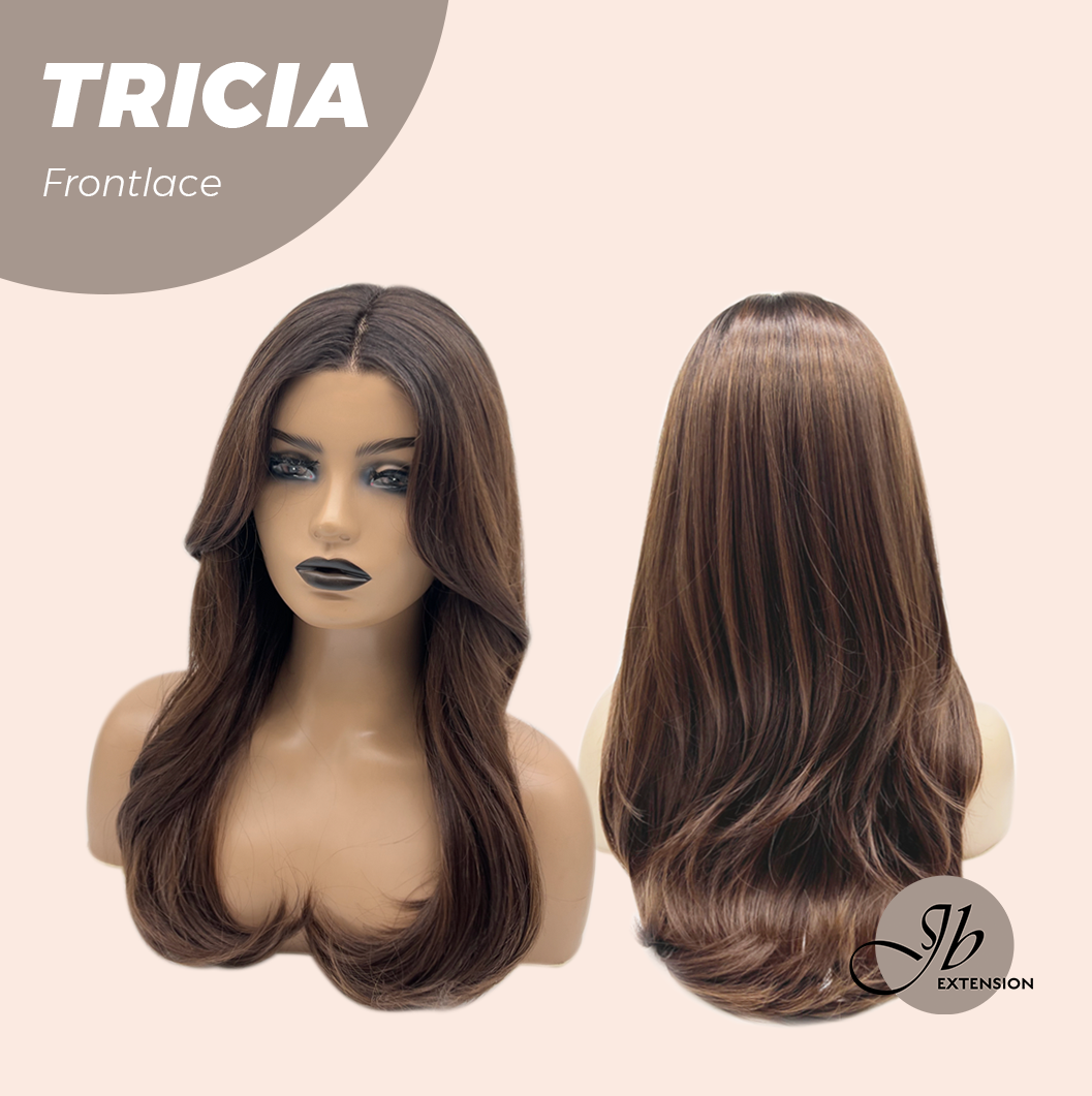 JBEXTENSION 23 Inches Curly Mocha with Dark Root Pre-Cut Frontlace Glueless Wig TRICIA LACE