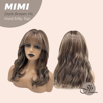 JBEXTENSION 16 Inches Scalpiana 3.5X4 Hard Silky Top Natural Scalp Effect Dark Brown Highlight Body Wave Wig with Bangs Wig MIMI SILK TOP - DARK BROWN HIGHLIGHT