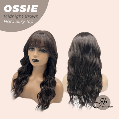 JBEXTENSION 22 Inches Scalpiana Long Wave Midnight Brown(Black/Brown) 3.5X4 Hard Silky Top Natural Scalp Effect Wig with Bangs OSSIE MIDNIGHT BROWN