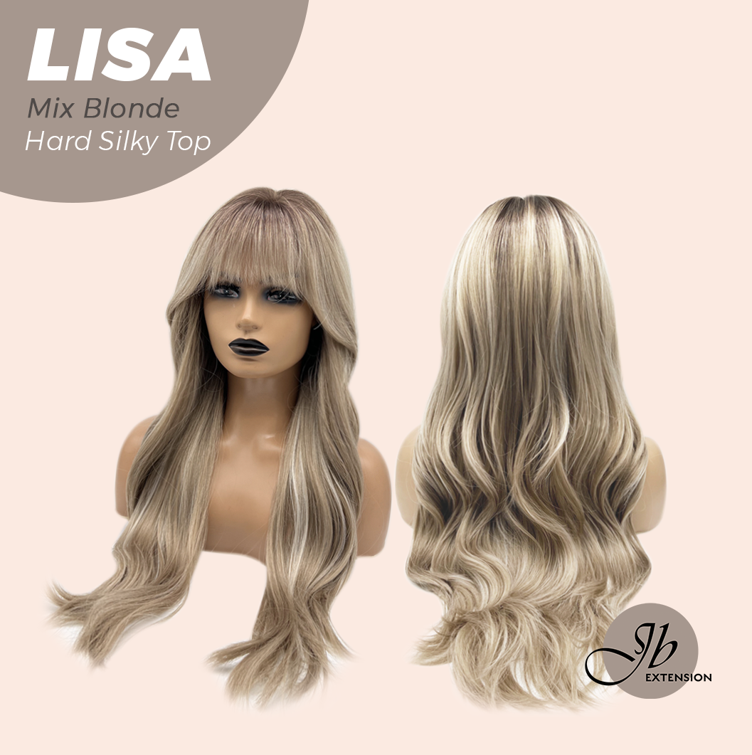 JBEXTENSION 26 Inches Scalpiana Long Curly Mix Blonde 3.5X4 Hard Silky Top Natural Scalp Effect Wig with Bangs LISA MIX BLONDE