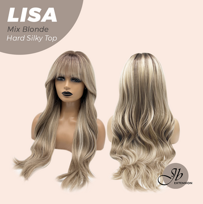 JBEXTENSION 26 Inches Scalpiana Long Curly Mix Blonde 3.5X4 Hard Silky Top Natural Scalp Effect Wig with Bangs LISA MIX BLONDE