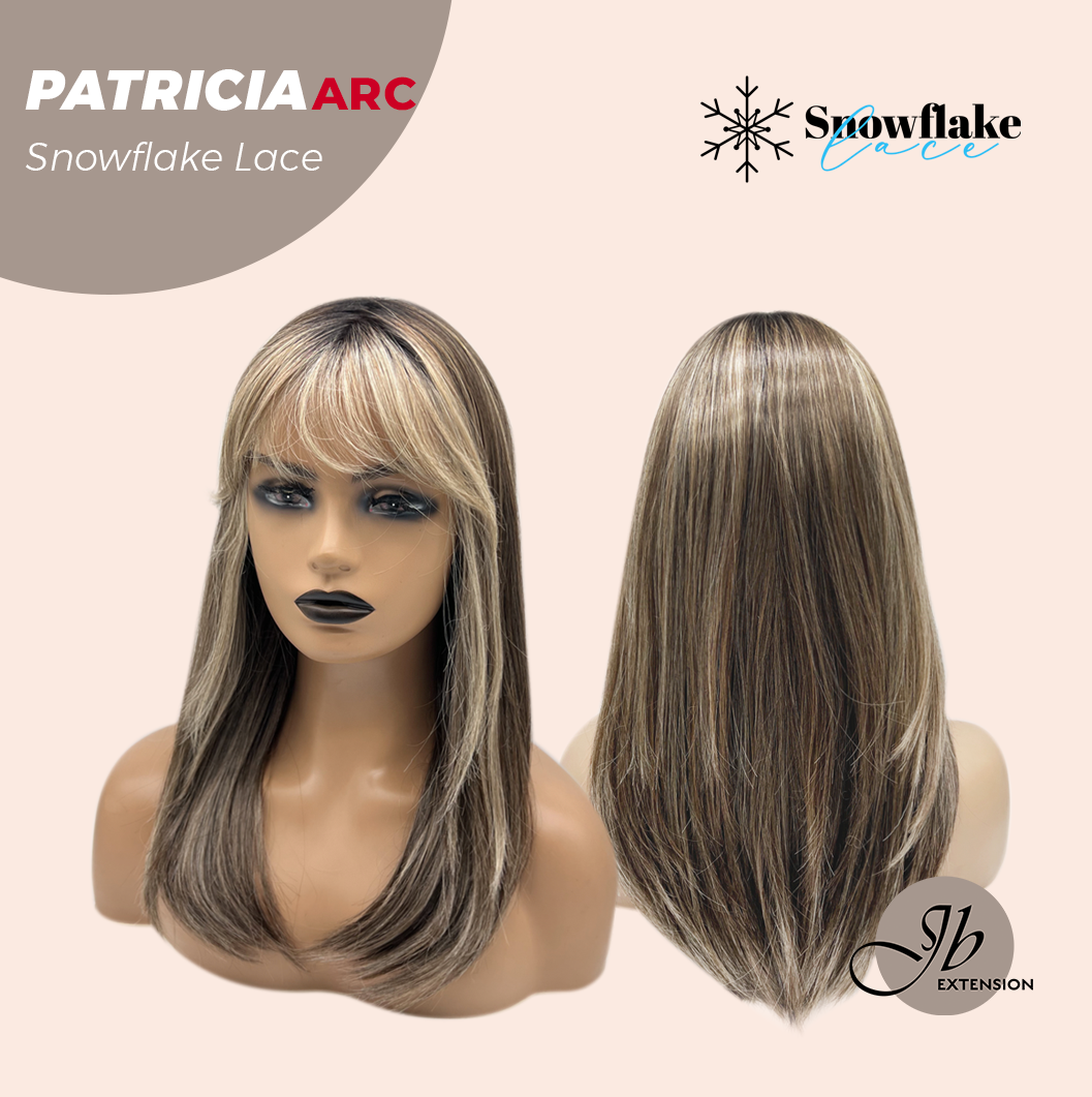 JBEXTENSION 17 Inches Dark Mix Blonde Pre-Cut Arc Snowflake Lace Frontlace Glueless Wig with Bangs PATRICIA【BENDY EAR TABS】