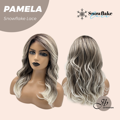 JBEXTENSION 18 Inches Curly Smog Ash Grey Pre-Cut Side Part Snowflake Lace Frontlace Glueless Wig PAMELA SNOWFLAKE【BENDY EAR TABS】