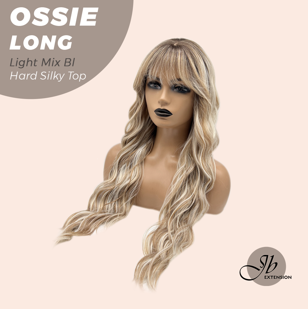 JBEXTENSION 28 Inches Scalpiana Long Wave Light Mix Blonde 3.5X4 Hard Silky Top Natural Scalp Effect Wig with Bangs OSSIE LONG - LIGHT MIX BLONDE