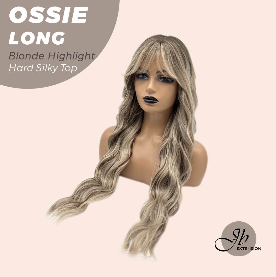 JBEXTENSION 28 Inches Scalpiana Long Wave Blonde Highlight 3.5X4 Hard Silky Top Natural Scalp Effect Wig with Bangs OSSIE LONG - BLONDE HIGHLIGHT
