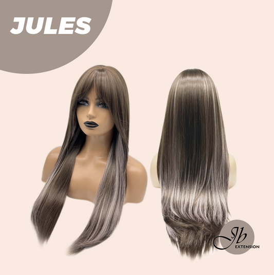 JBEXTENSION 28 Inches Long Straight Brown with Smog Pink Highlight Wig with Bangs JULES