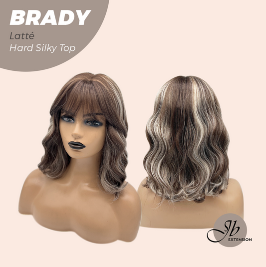 JBEXTENSION 12 Inches Scalpiana Wave Latté 3.5X4 Hard Silky Top Natural Scalp Effect Wig with Bangs BRADY LATTé