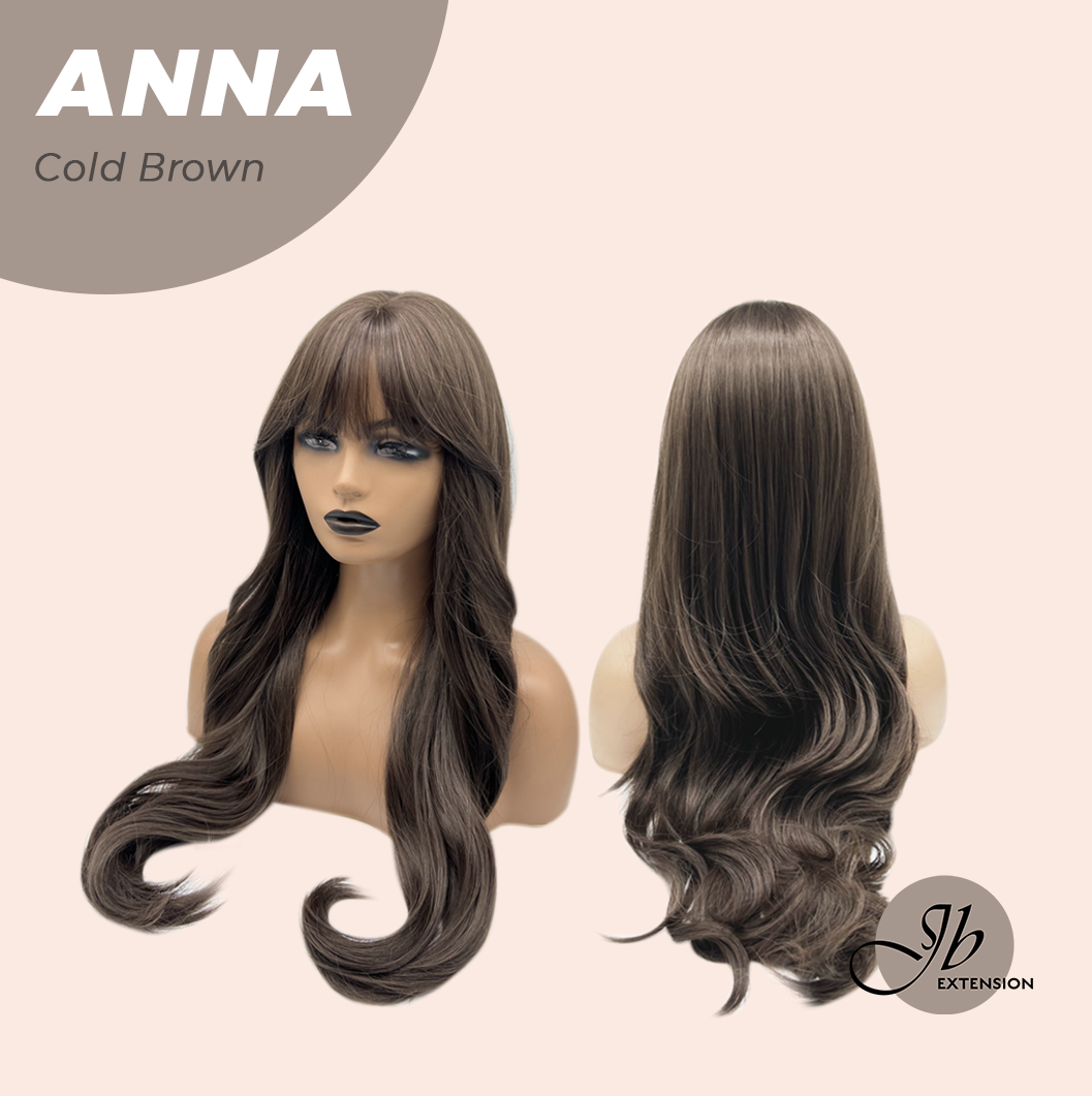 JBEXTENSION 28 Inches Long Curly Cold Brown Wig with Bangs ANNA COLD BROWN