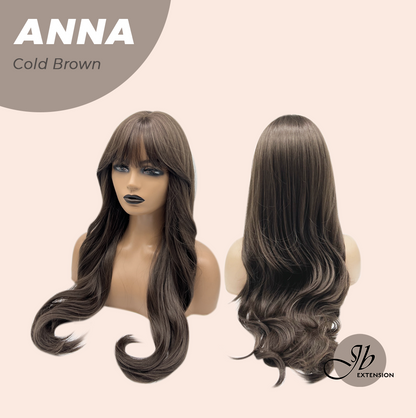 JBEXTENSION 28 Inches Long Curly Cold Brown Wig with Bangs ANNA COLD BROWN