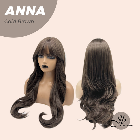JBEXTENSION 28 Inches Long Curly Cold Brown Wig with Bangs ANNA COLD BROWN
