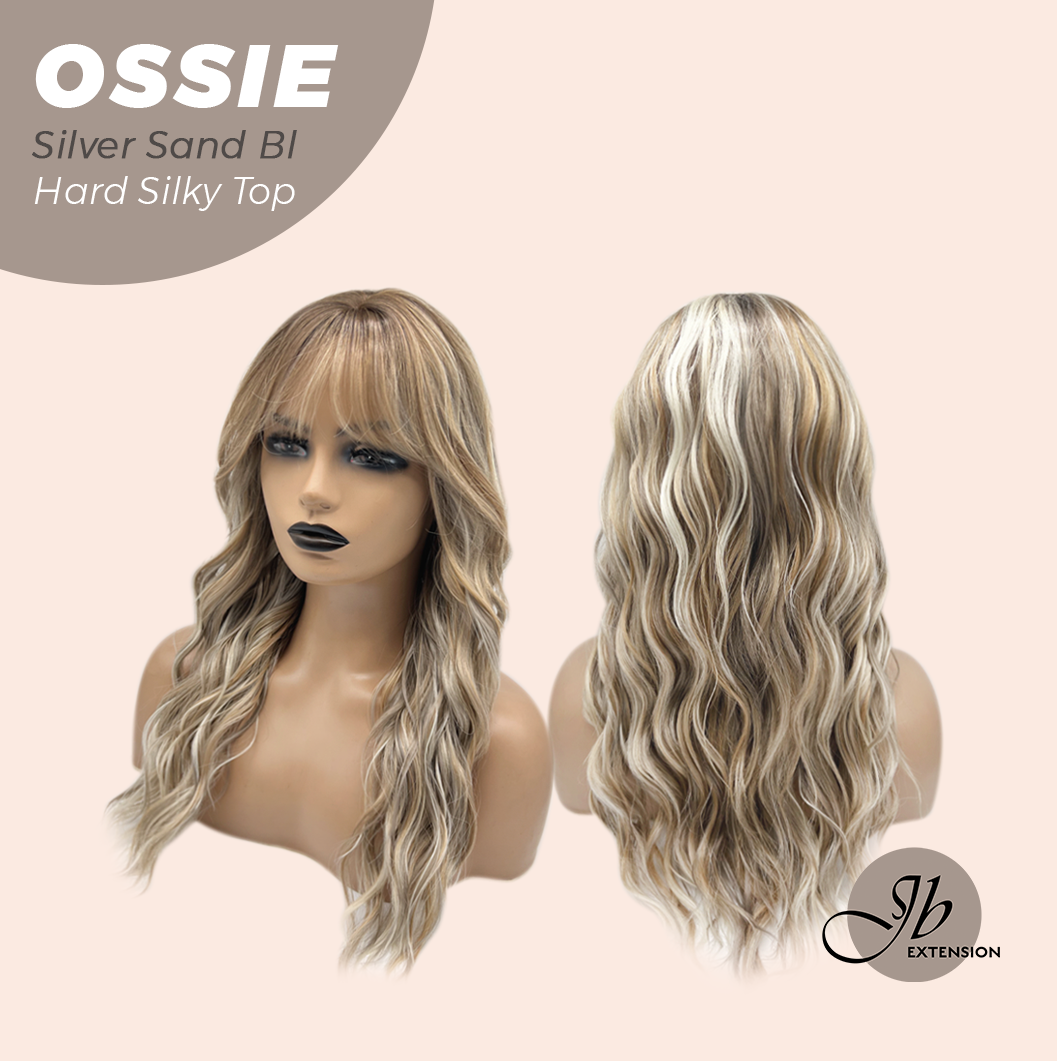 JBEXTENSION 22 Inches Scalpiana Long Wave Silver Sand Blonde 3.5X4 Hard Silky Top Natural Scalp Effect Wig with Bangs OSSIE SILVER SAND BLONDE
