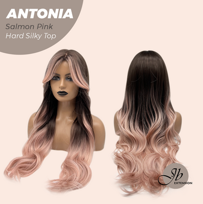 [FINAL SALE] JBEXTENSION 28 Inches Scalpiana Long Curly Salmon Pink 3.5X4 Hard Silky Top Natural Scalp Effect Wig ANTONIA SALMON PINK