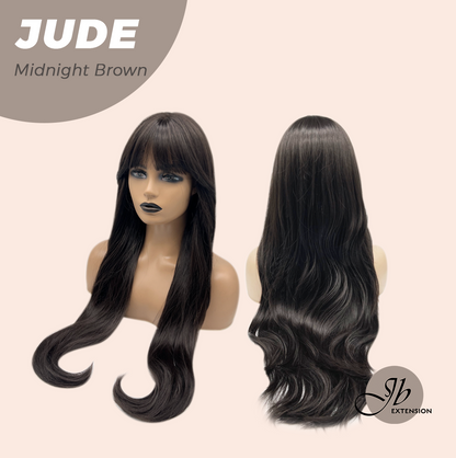 JBEXTENSION 28 Inches Long Curly Midnight Brown(Black/Brown) Wig with Bangs JUDE MIDNIGHT BROWN