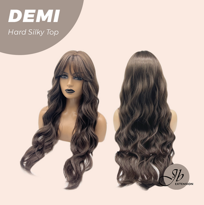 JBEXTENSION 28 Inches Scalpiana Body Wave Cold Brown 3.5X4 Hard Silky Top Natural Scalp Effect Wig with Bangs DEMI