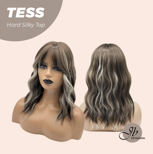 JBEXTENSION 15 Inches Scalpiana Wave Light Brown with Highlight 3.5X4 Hard Silky Top Natural Scalp Effect Wig with Bangs TESS