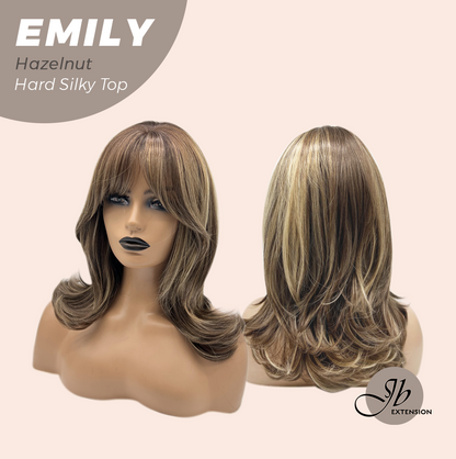 JBEXTENSION 18 Inches Scalpiana Curly Hazelnut 3.5X4 Hard Silky Top Natural Scalp Effect Wig with Bangs EMILY HAZELNUT