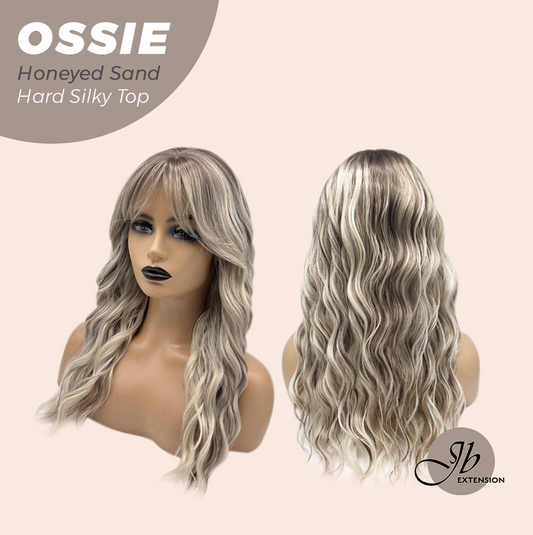 JBEXTENSION 22 Inches Scalpiana Long Wave Honeyed Sand 3.5X4 Hard Silky Top Natural Scalp Effect Wig with Bangs OSSIE HONEYED SAND