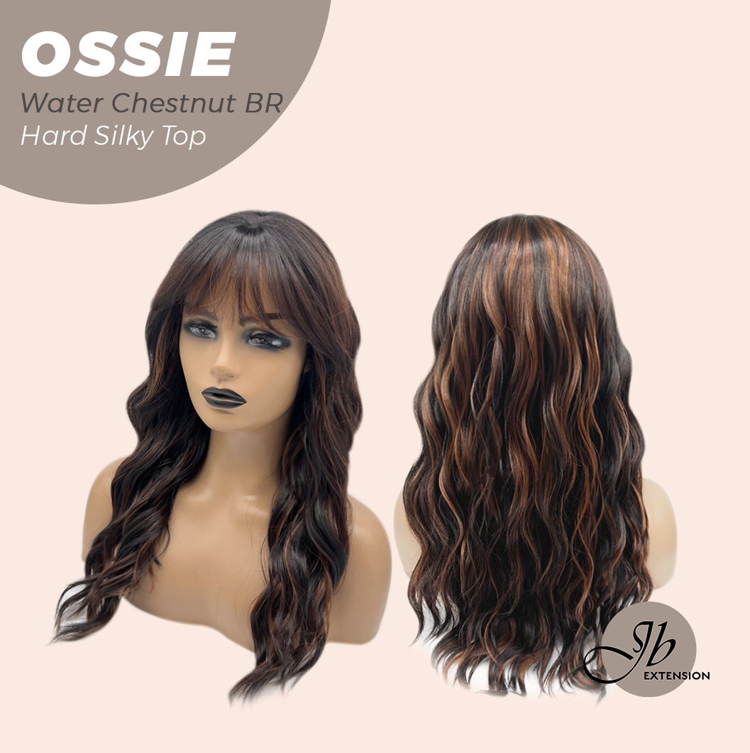 JBEXTENSION 22 Inches Scalpiana Long Wave Water Chestnut Brown 3.5X4 Hard Silky Top Natural Scalp Effect Wig with Bangs OSSIE WATER CHESTNUT BROWN
