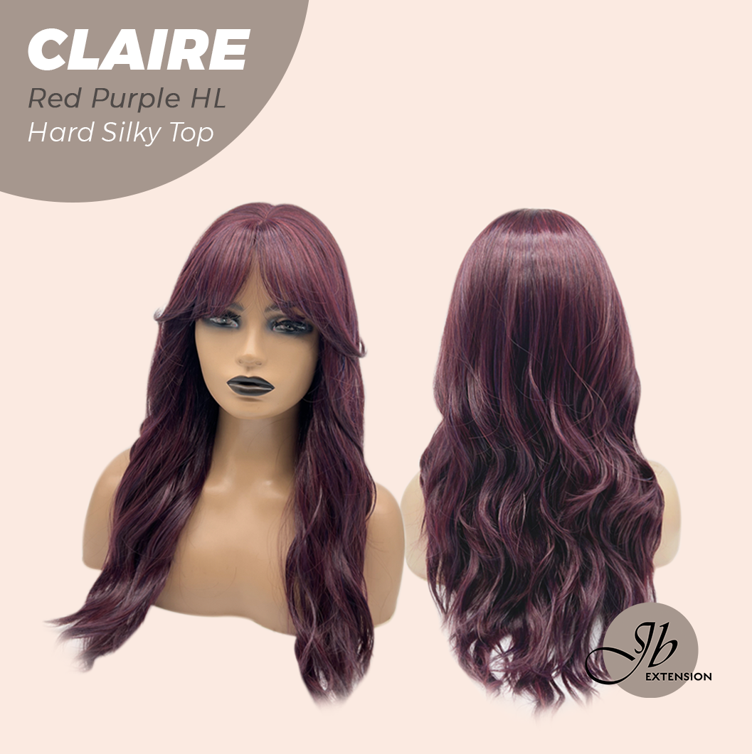 JBEXTENSION 22 Inches Scalpiana Red Purple Highlight 3.5X4 Hard Silky Top Natural Scalp Effect Women Wig with Bangs CLAIRE SILKY TOP - RED PURPLE HIGHLIGHT