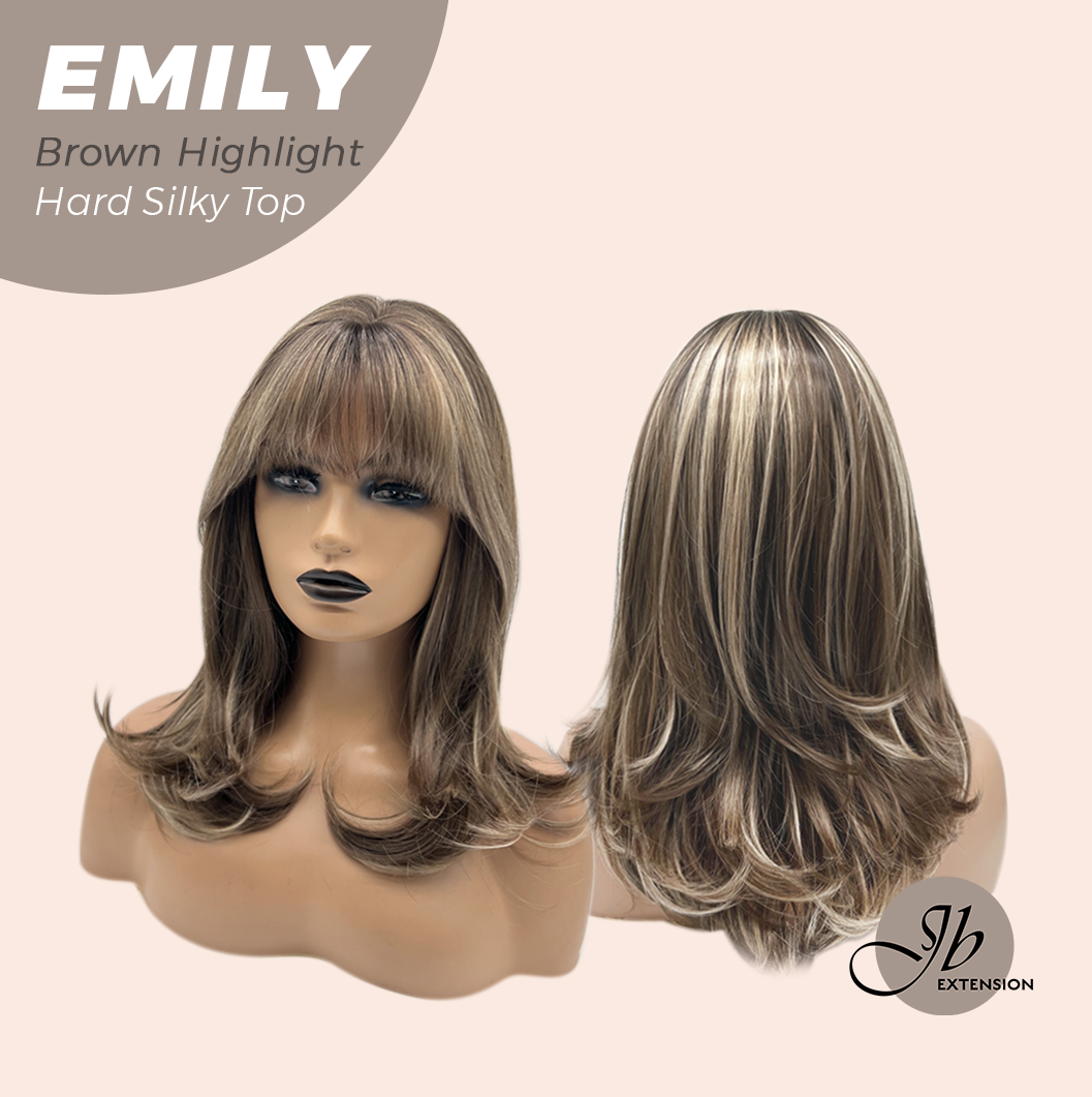 JBEXTENSION 18 Inches Scalpiana Curly Brown Highlight 3.5X4 Hard Silky Top Natural Scalp Effect Wig with Bangs EMILY BROWN HIGHLIGHT