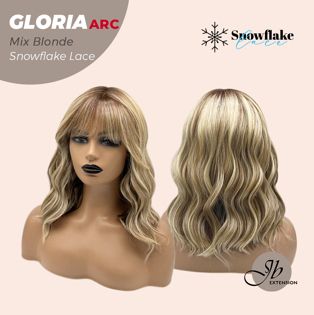 JBEXTENSION 14 Inches Curly Mix Blonde Wig with Bangs Pre-Cut Arc Snowflake Lace Frontlace Glueless Wig GLORIA MIX BLONDE【BENDY EAR TABS】