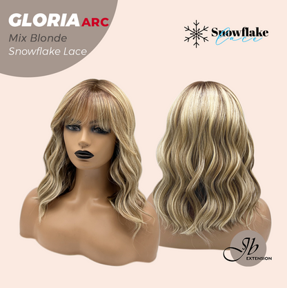 JBEXTENSION 14 Inches Curly Mix Blonde Wig with Bangs Pre-Cut Arc Snowflake Lace Frontlace Glueless Wig GLORIA MIX BLONDE【BENDY EAR TABS】