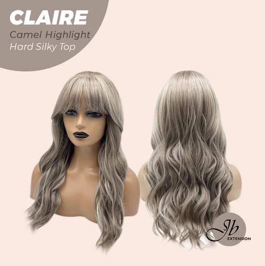 JBEXTENSION 22 Inches Scalpiana Camel Highlight 3.5X4 Hard Silky Top Natural Scalp Effect Women Wig with Bangs CLAIRE SILKY TOP - CAMEL HIGHLIGHT