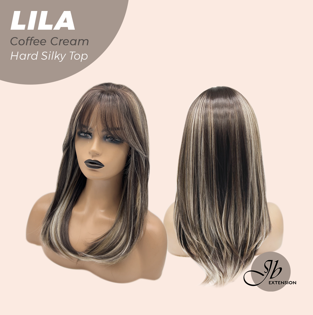 JBEXTENSION 20 Inches Scalpiana Coffee Cream Wolf Cut 3.5X4 Hard Silky Top Natural Scalp Effect Wig With Bangs LILA COFFEE CREAM