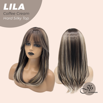 JBEXTENSION 20 Inches Scalpiana Coffee Cream Wolf Cut 3.5X4 Hard Silky Top Natural Scalp Effect Wig With Bangs LILA COFFEE CREAM