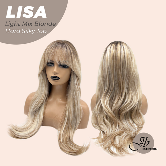 JBEXTENSION 26 Inches Scalpiana Long Curly Light Mix Blonde 3.5X4 Hard Silky Top Natural Scalp Effect Wig with Bangs LISA LIGHT MIX BLONDE