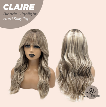 JBEXTENSION 22 Inches Scalpiana Blonde Highlight 3.5X4 Hard Silky Top Natural Scalp Effect Women Wig with Bangs CLAIRE SILKY TOP - BLONDE HIGHLIGHT
