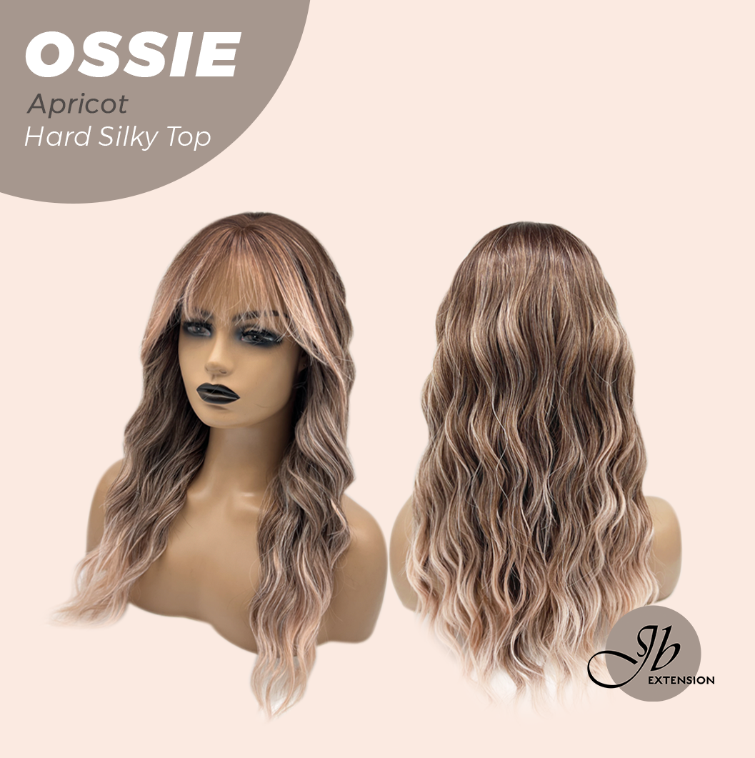 JBEXTENSION 22 Inches Scalpiana Long Wave Apricot 3.5X4 Hard Silky Top Natural Scalp Effect Wig with Bangs OSSIE APRICOT