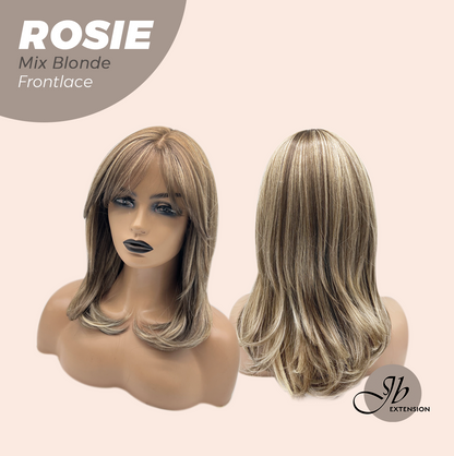 JBEXTENSION 16 Inches Mix Blonde Curly Women Pre-Cut Frontlace Glueless Wig with Bangs ROSIE MIX BLONDE